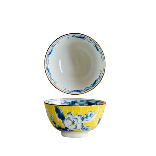 Huang Caishan ceramic tableware set with yellow floral underglaze pattern and round bowls