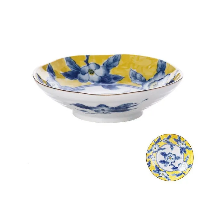Huang Caishan ceramic tableware set with yellow floral underglaze pattern and round bowls