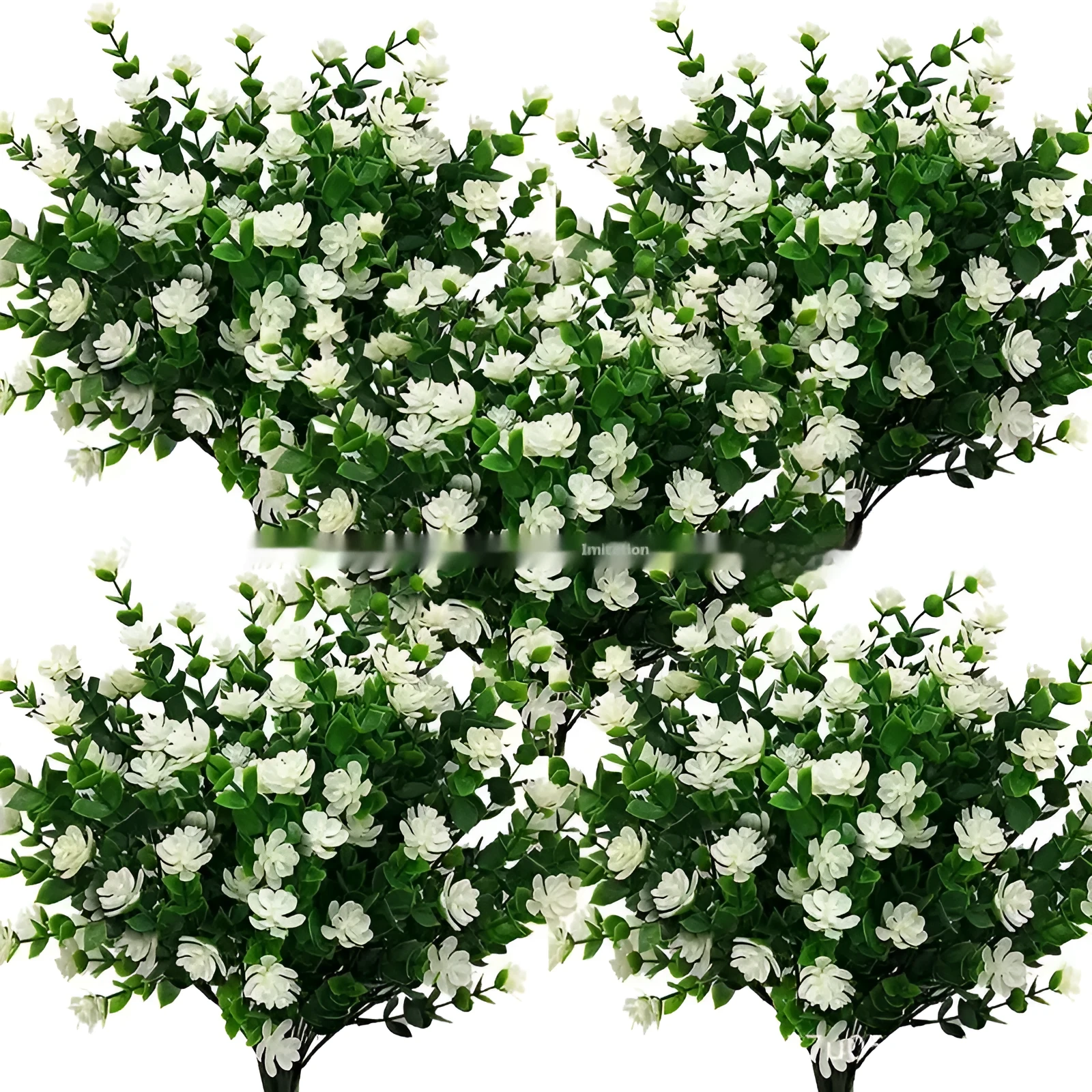 Artificial eucalyptus camellia plastic bouquet in mixed colours on white background