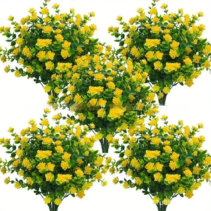 Artificial eucalyptus camellia plastic bouquet in mixed colours on white background