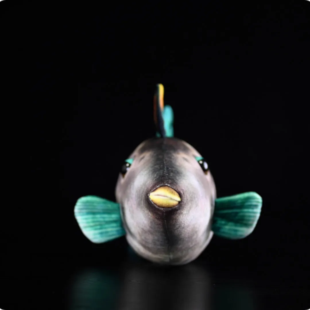Simulation green fin pufferfish plush toy 42cm flannel stuffed animal on white background