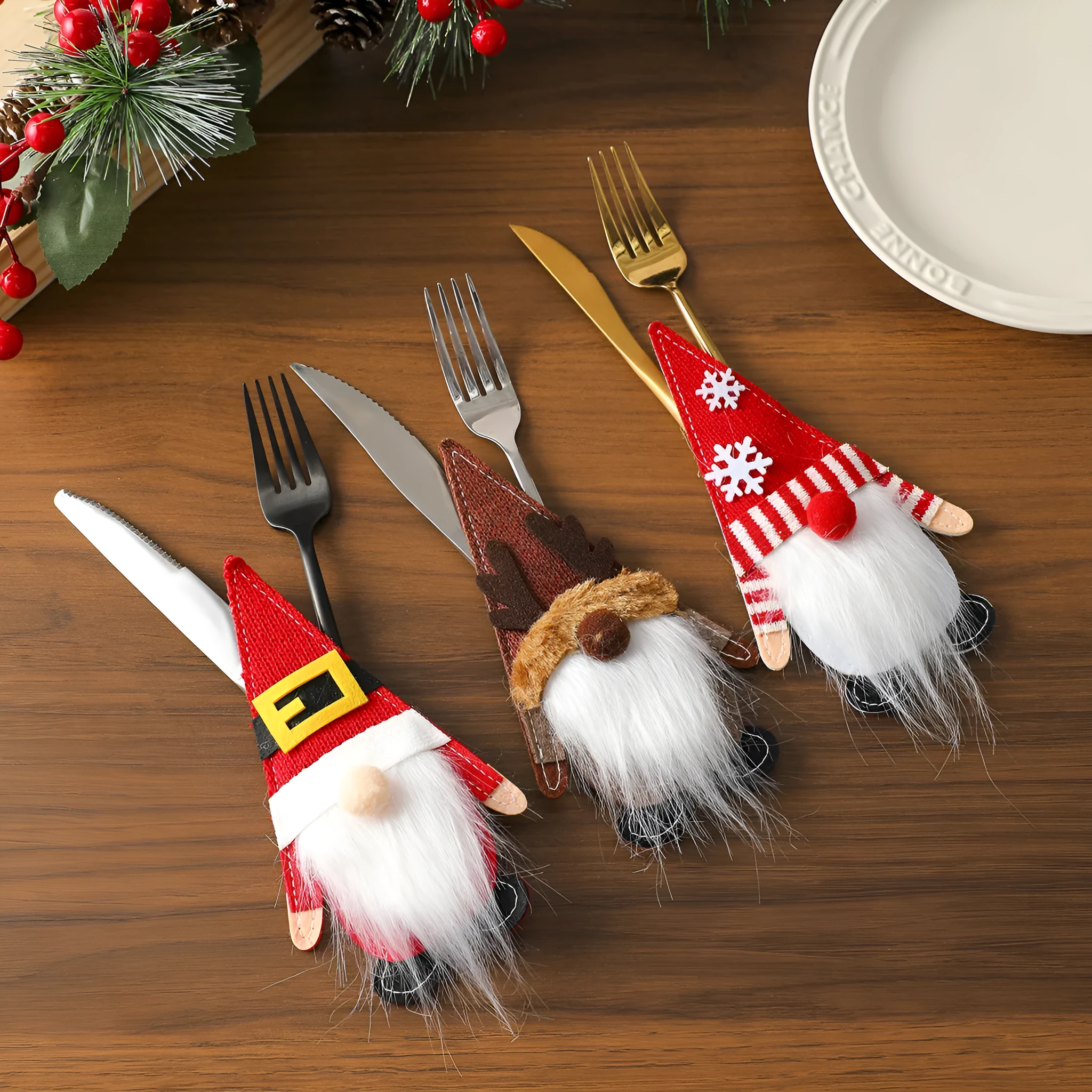 Christmas knife and fork cloth cover in snowflake style on a dining table