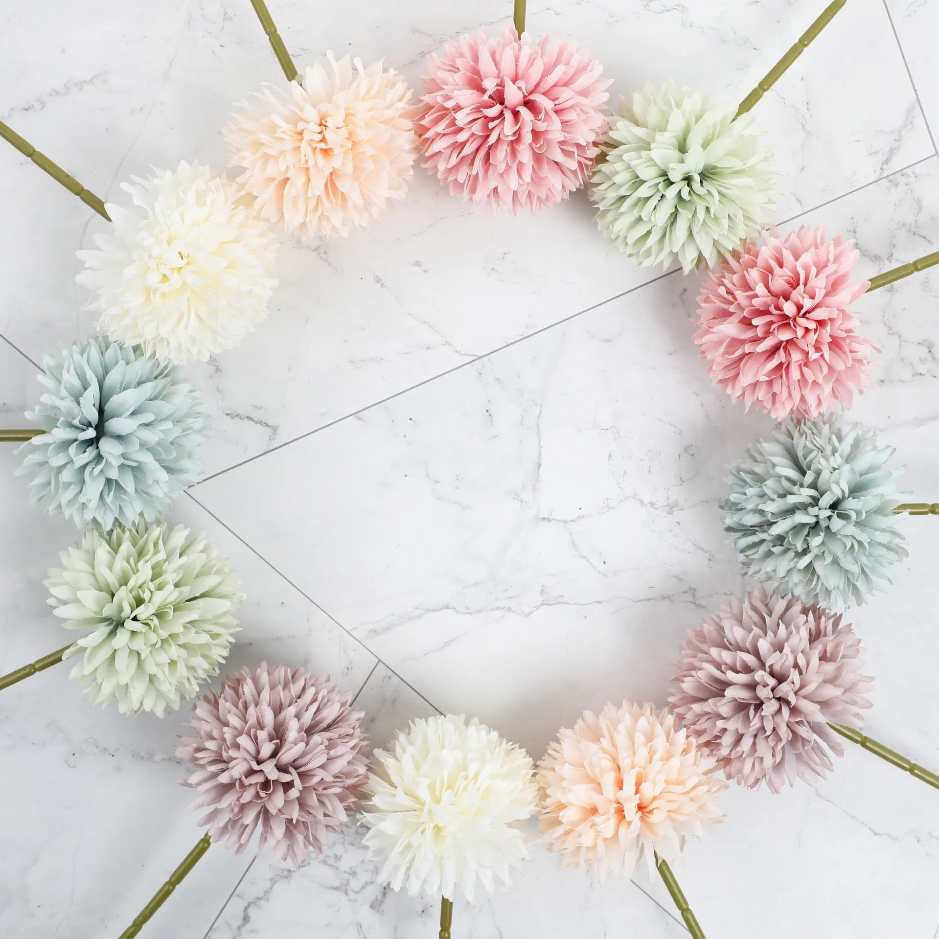 Set of six 30cm tall silk dandelion artificial flowers in white, blue, green, purple, champagne, and pink.