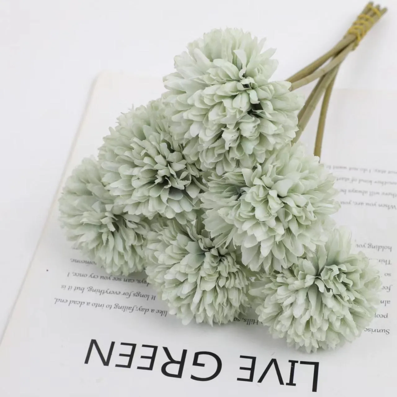 Set of six 30cm tall silk dandelion artificial flowers in white, blue, green, purple, champagne, and pink.