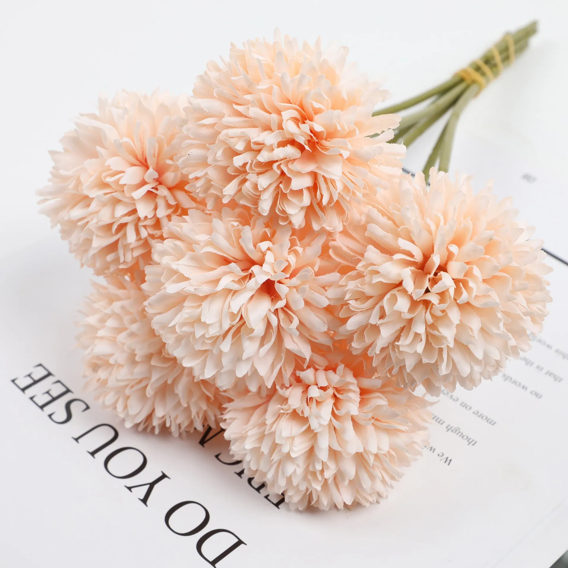 Set of six 30cm tall silk dandelion artificial flowers in white, blue, green, purple, champagne, and pink.