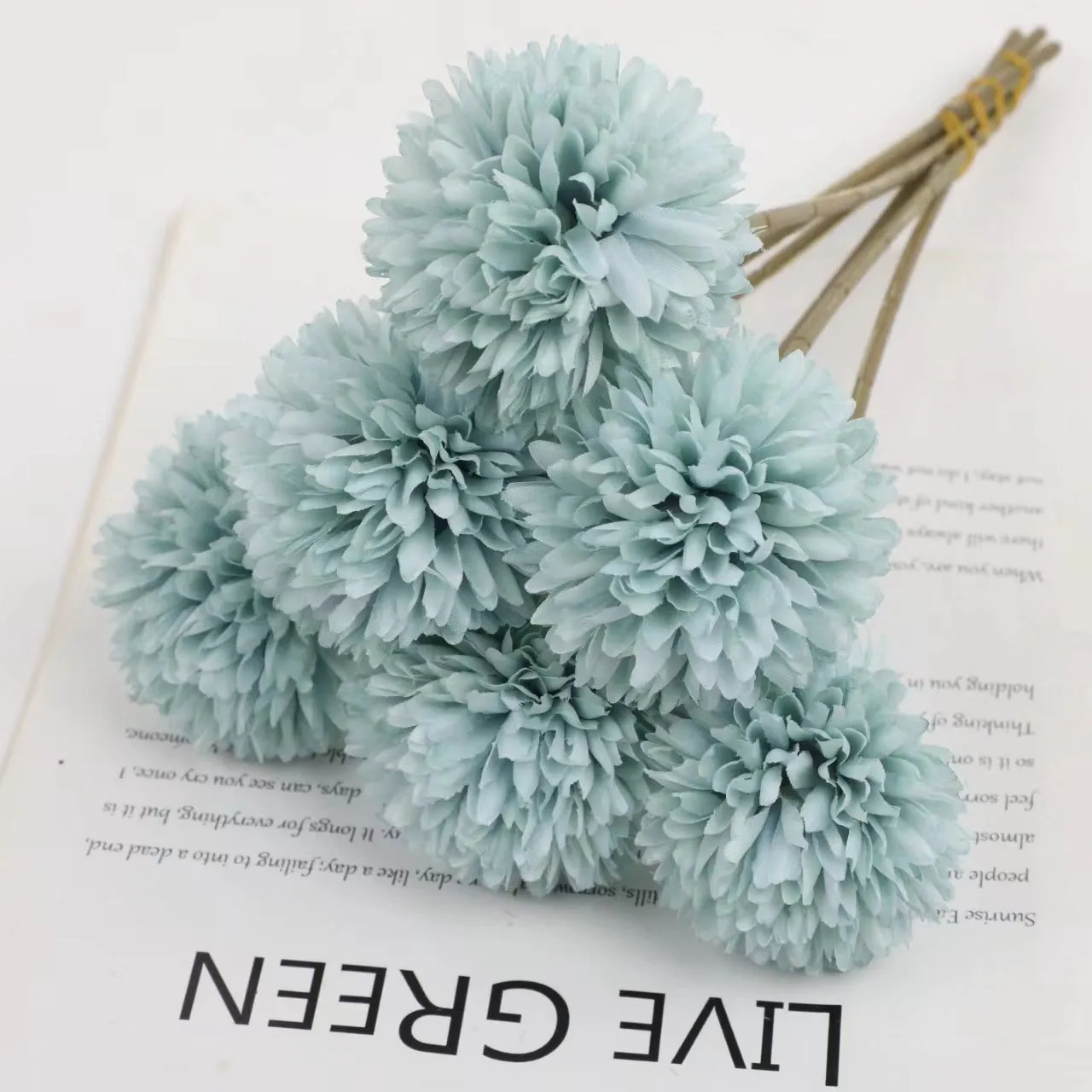 Set of six 30cm tall silk dandelion artificial flowers in white, blue, green, purple, champagne, and pink.