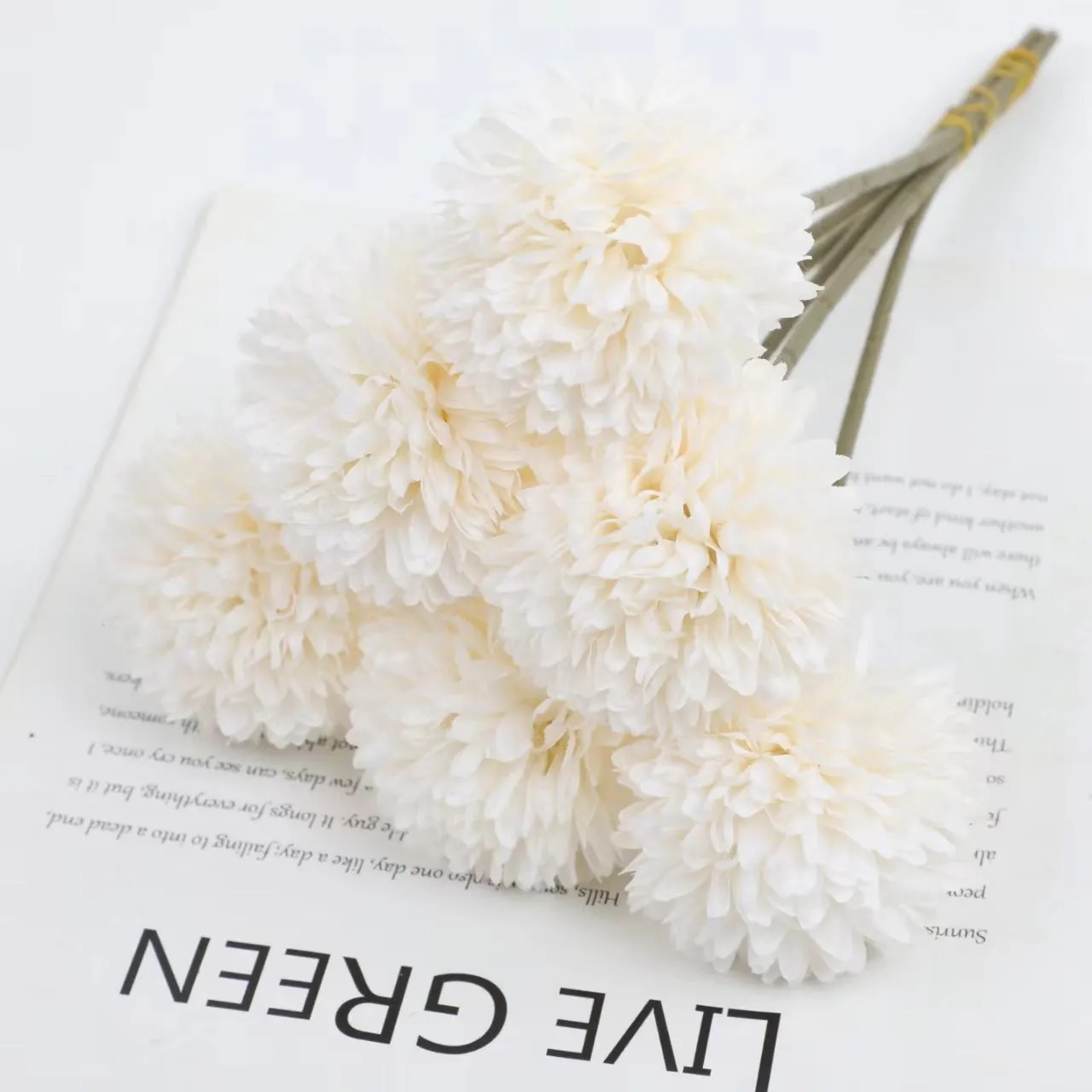 Set of six 30cm tall silk dandelion artificial flowers in white, blue, green, purple, champagne, and pink.
