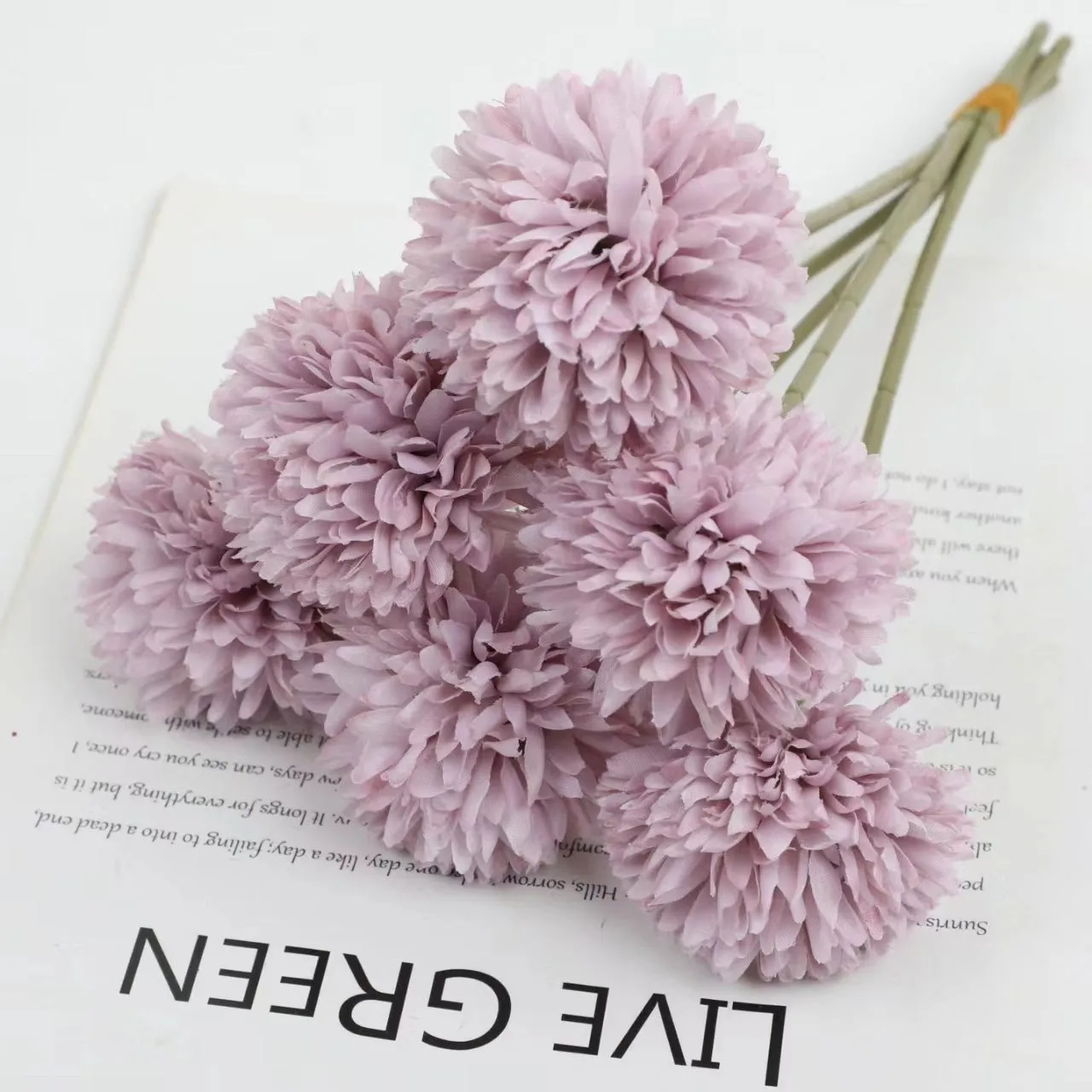 Set of six 30cm tall silk dandelion artificial flowers in white, blue, green, purple, champagne, and pink.