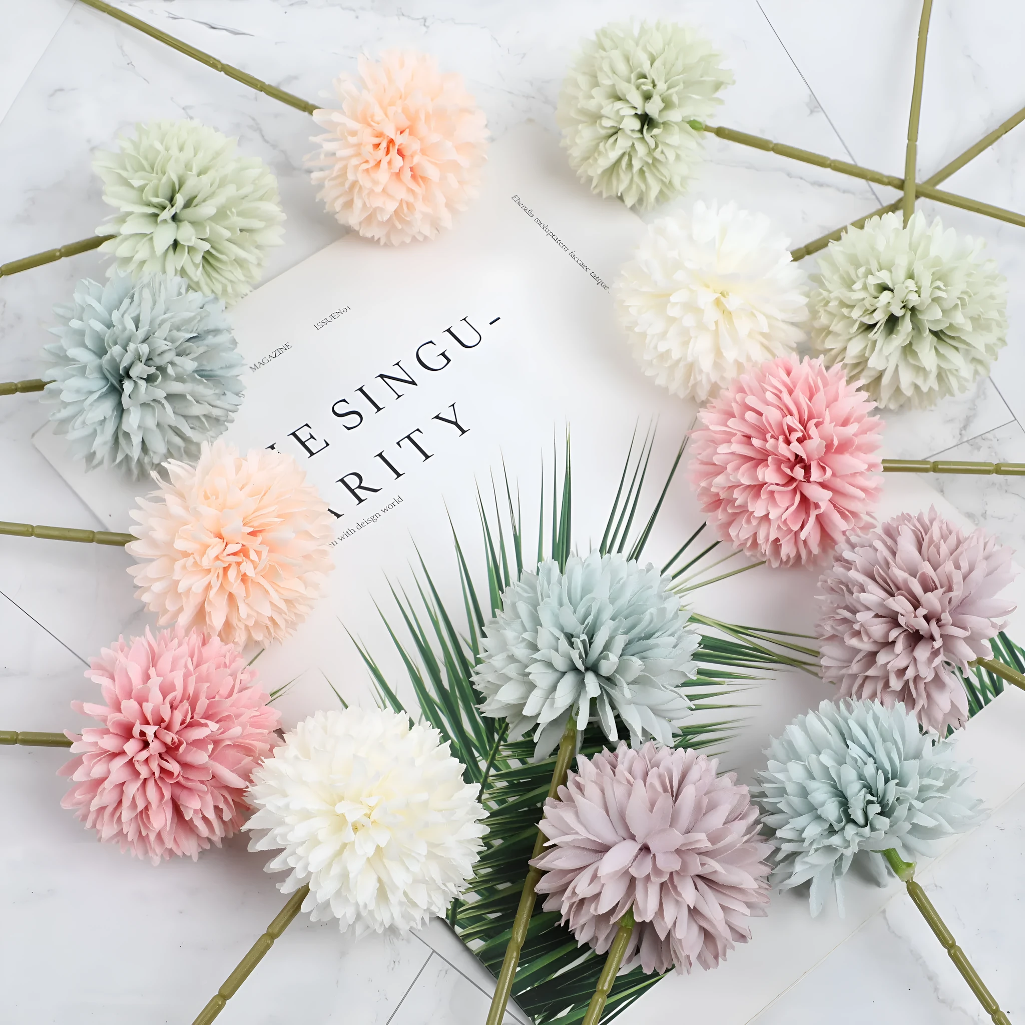 Set of six 30cm tall silk dandelion artificial flowers in white, blue, green, purple, champagne, and pink.