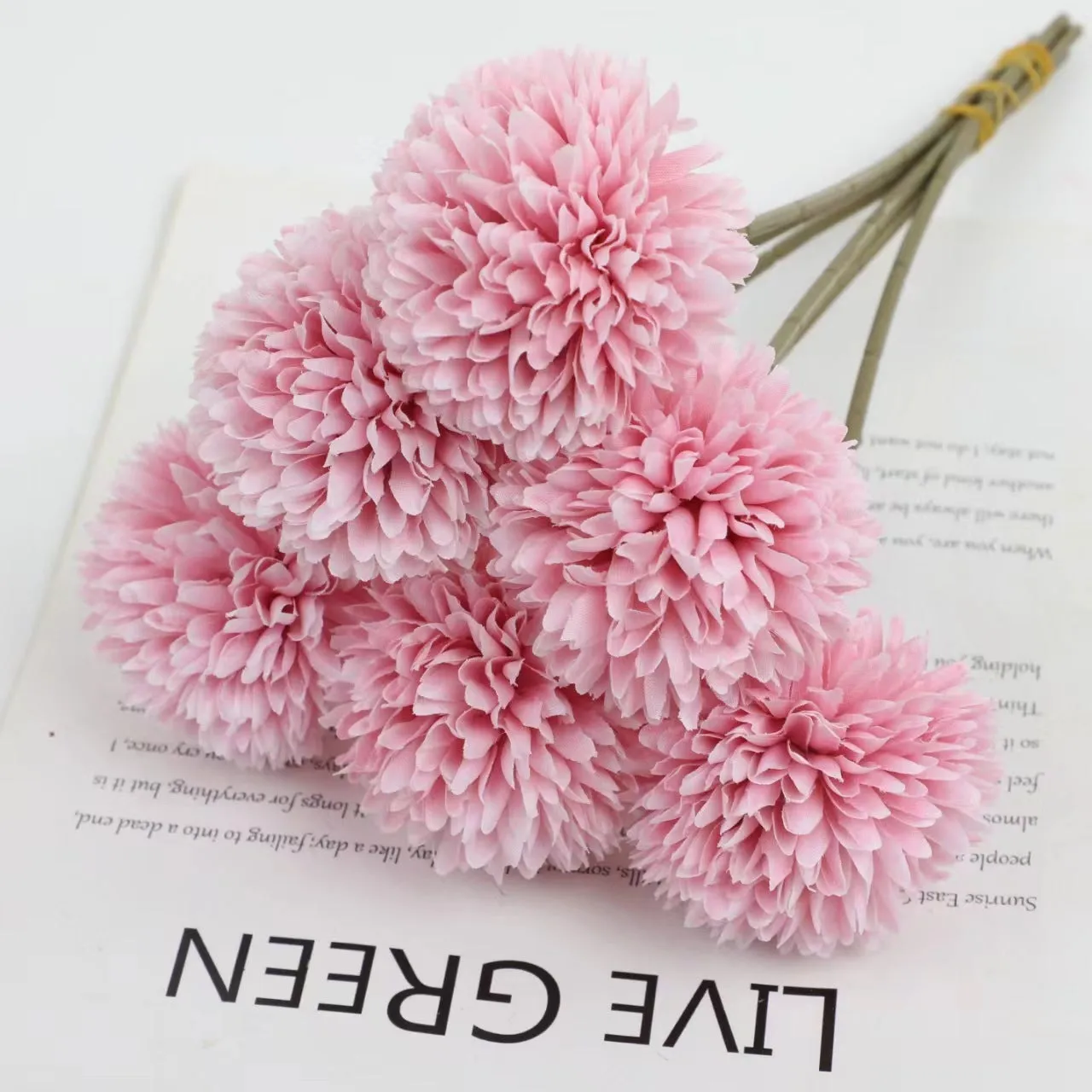 Set of six 30cm tall silk dandelion artificial flowers in white, blue, green, purple, champagne, and pink.