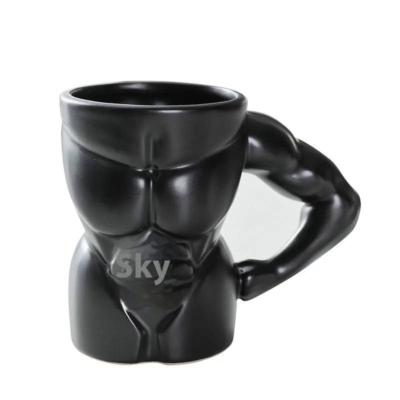 Matte black ceramic mug with muscle man design and 300ml capacity.