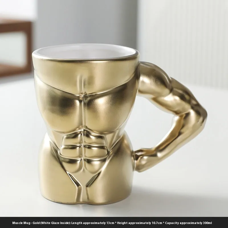 Matte black ceramic mug with muscle man design and 300ml capacity.