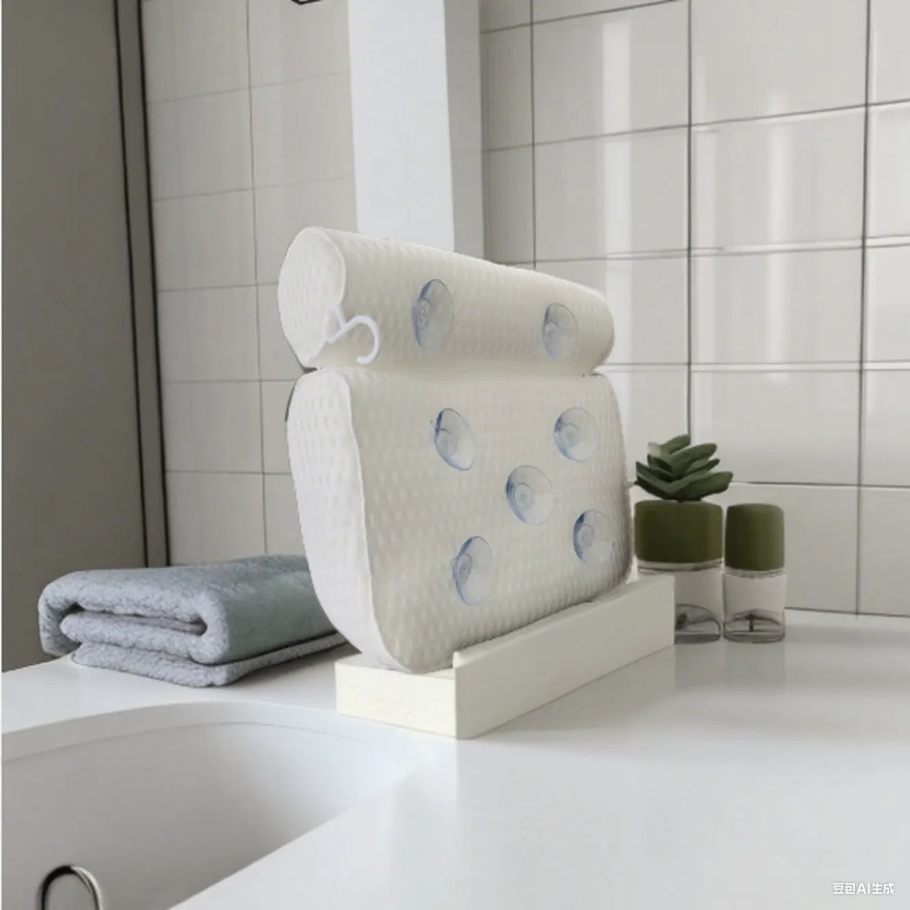 White bathtub pillow with 4D mesh and 7 suction cups on a bathtub.