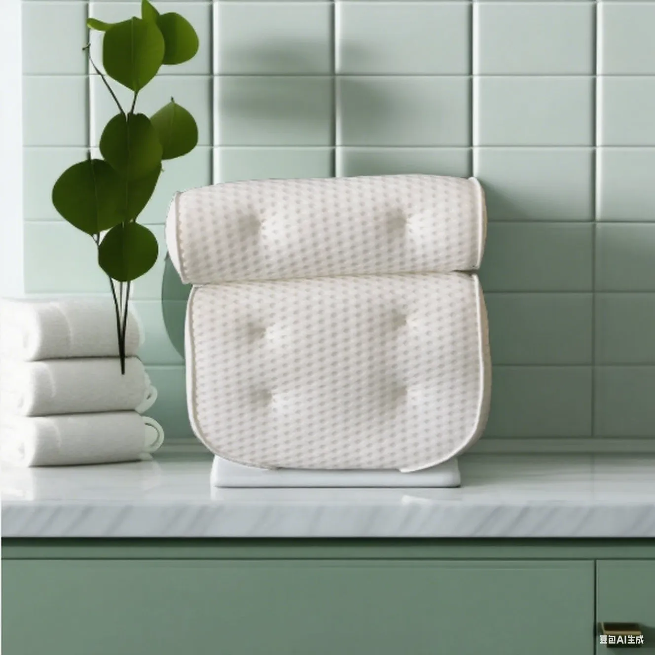 White bathtub pillow with 4D mesh and 7 suction cups on a bathtub.