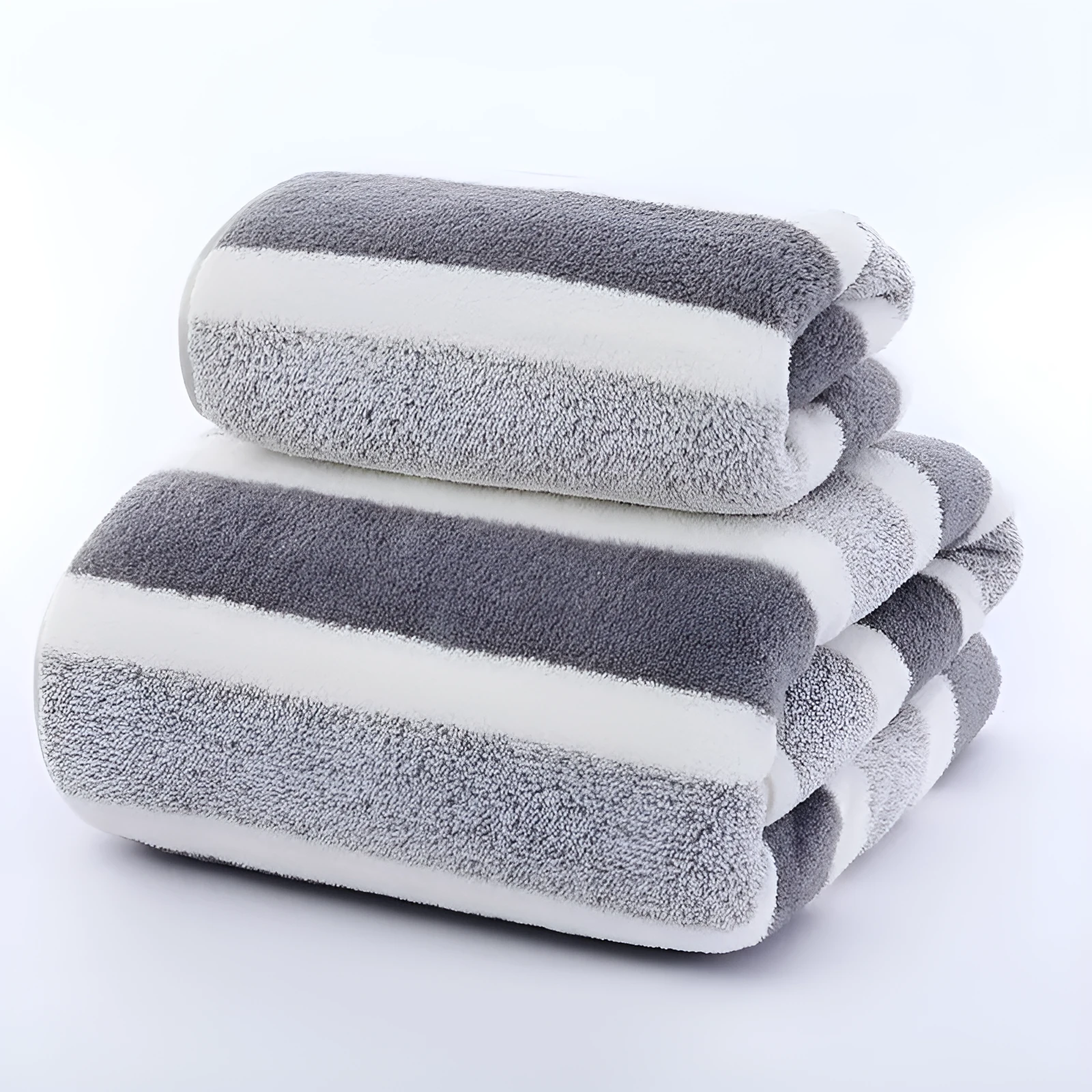 Soft coral fleece wide stripe towel in grey colour, 70x140cm bath size