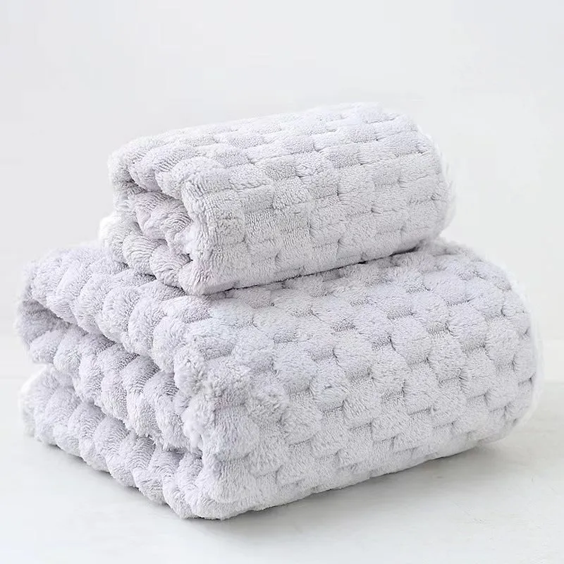 Soft coral fleece wide stripe towel in grey colour, 70x140cm bath size
