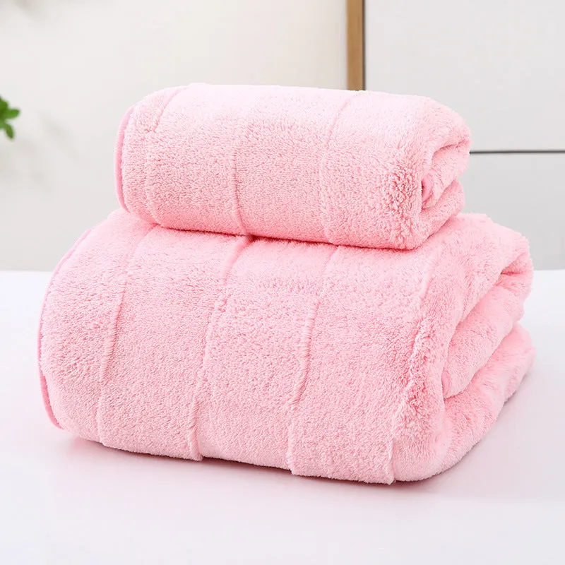 Soft coral fleece wide stripe towel in grey colour, 70x140cm bath size
