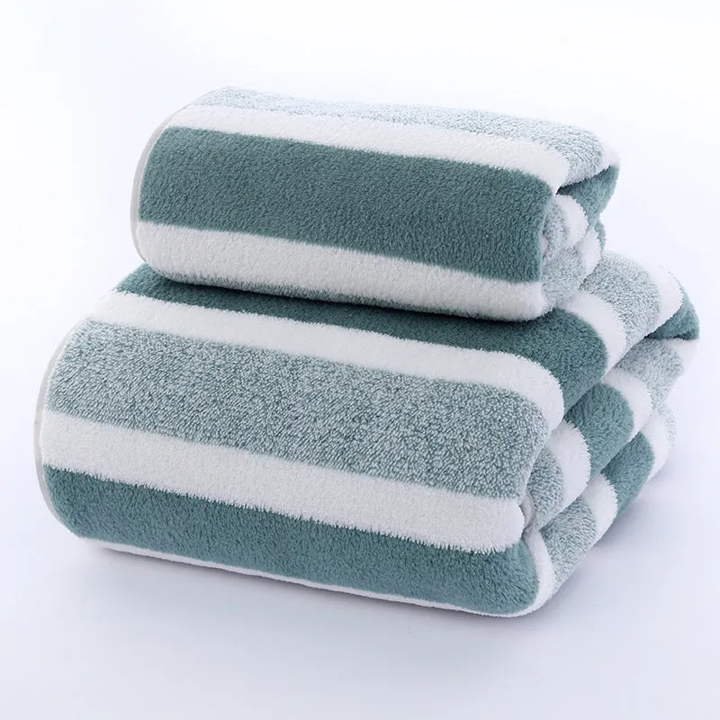 Soft coral fleece wide stripe towel in grey colour, 70x140cm bath size