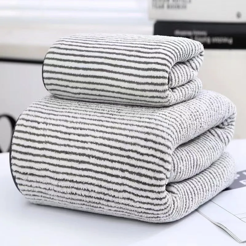 Soft coral fleece wide stripe towel in grey colour, 70x140cm bath size