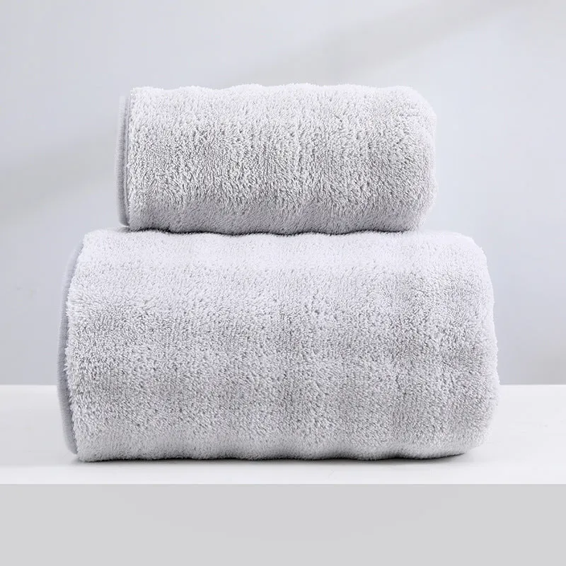 Soft coral fleece wide stripe towel in grey colour, 70x140cm bath size