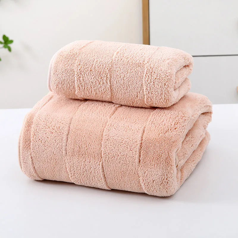 Soft coral fleece wide stripe towel in grey colour, 70x140cm bath size