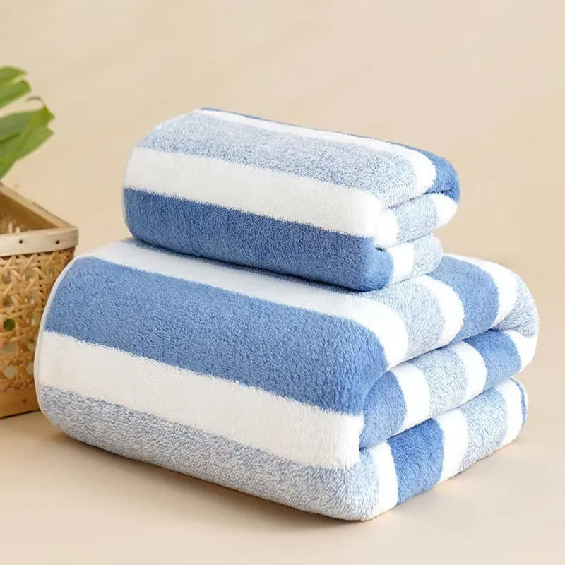 Soft coral fleece wide stripe towel in grey colour, 70x140cm bath size