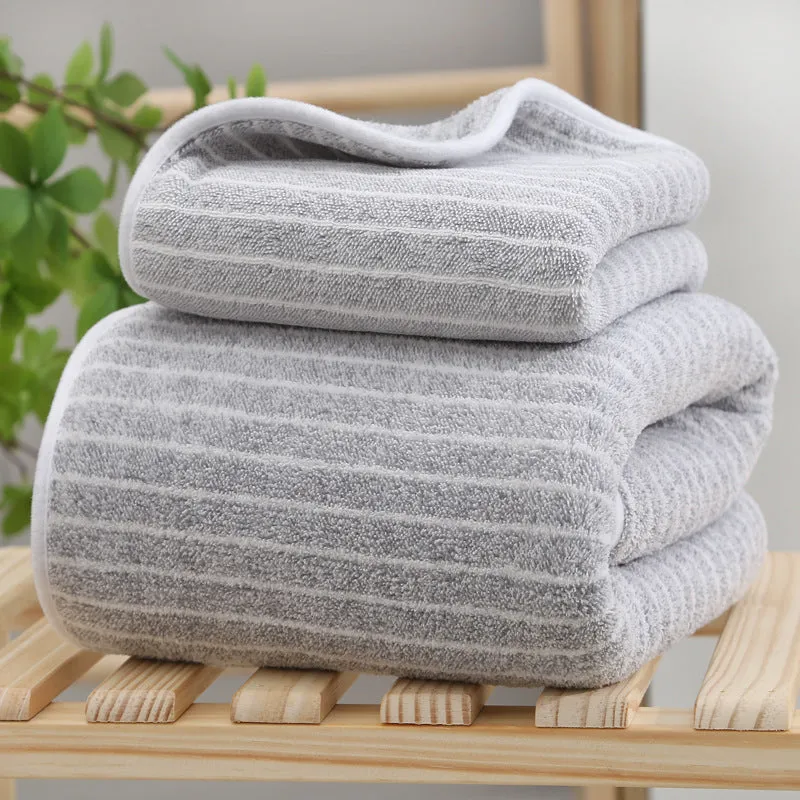 Soft coral fleece wide stripe towel in grey colour, 70x140cm bath size
