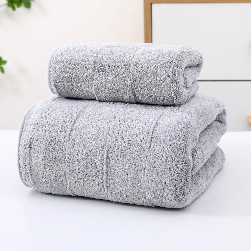 Soft coral fleece wide stripe towel in grey colour, 70x140cm bath size