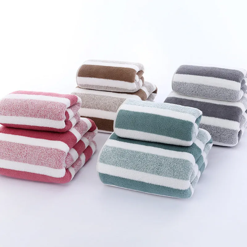 Soft coral fleece wide stripe towel in grey colour, 70x140cm bath size