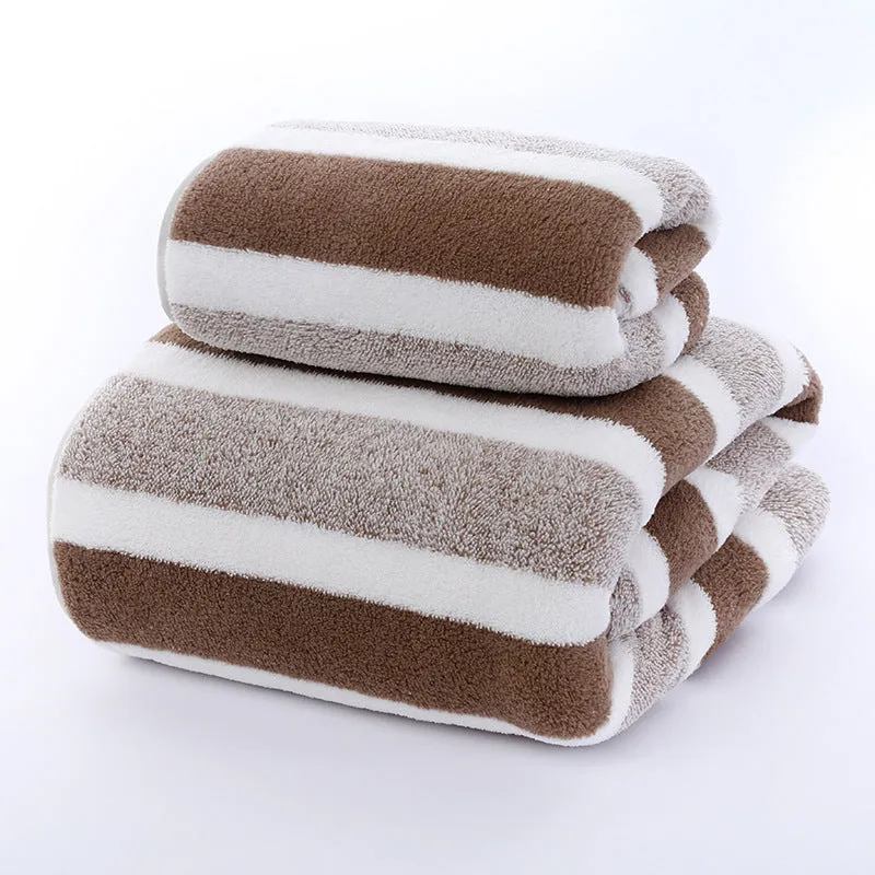 Soft coral fleece wide stripe towel in grey colour, 70x140cm bath size