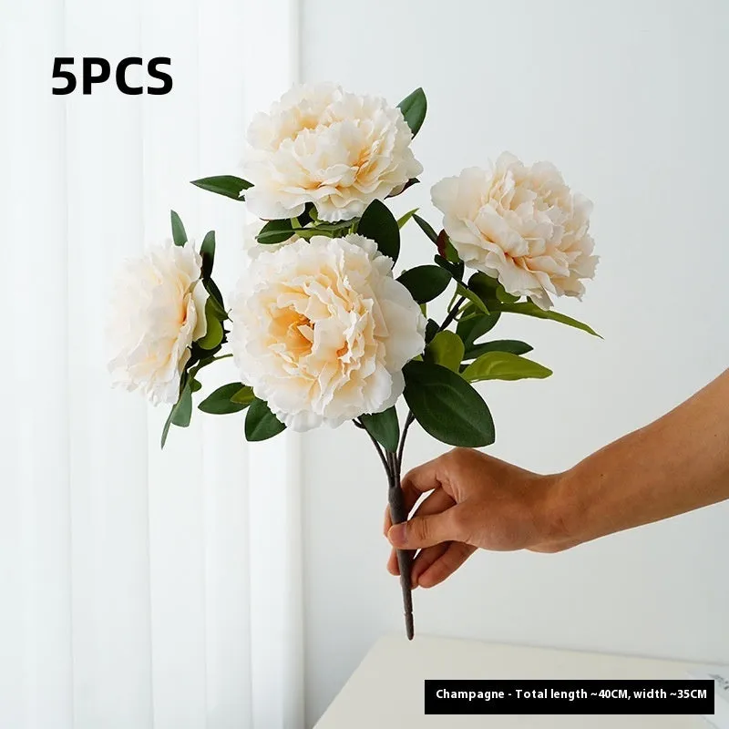 Artificial peony 5-head bouquet in light champagne, 40cm tall silk flower arrangement