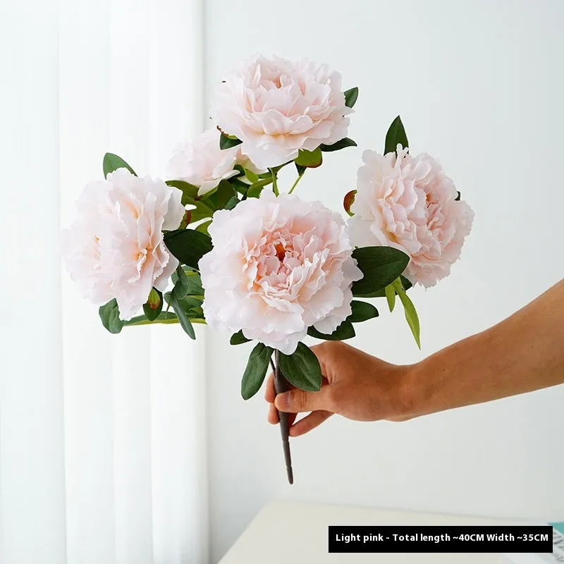 Artificial peony 5-head bouquet in light champagne, 40cm tall silk flower arrangement