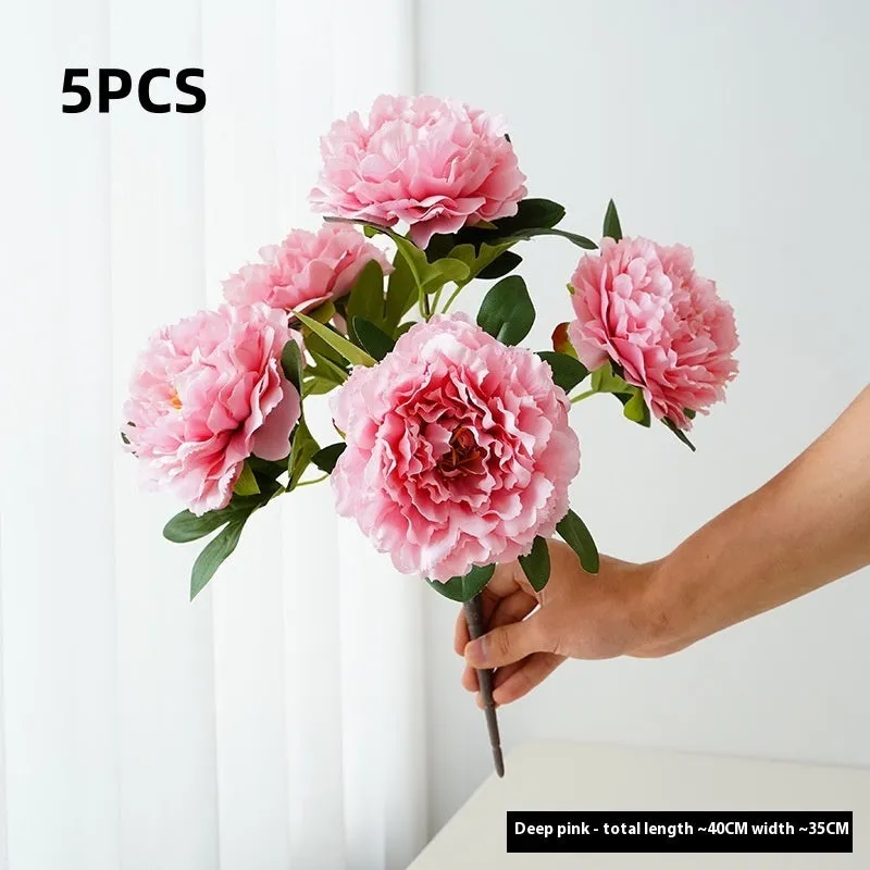 Artificial peony 5-head bouquet in light champagne, 40cm tall silk flower arrangement