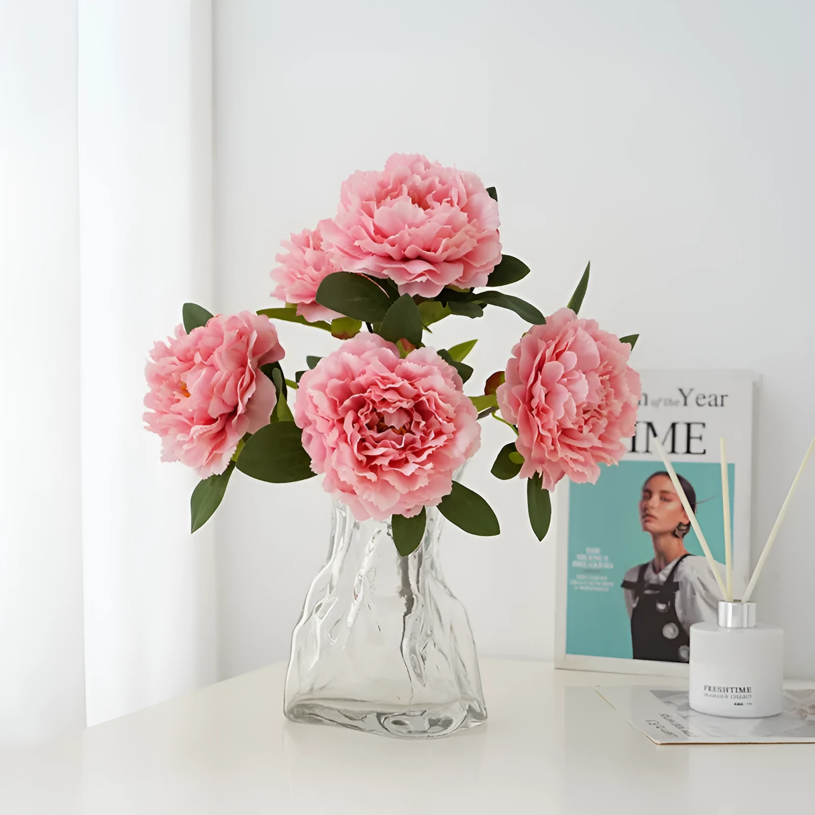 Artificial peony 5-head bouquet in light champagne, 40cm tall silk flower arrangement