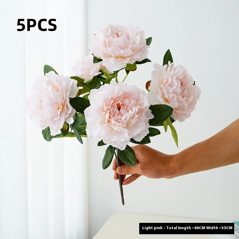Artificial peony 5-head bouquet in light champagne, 40cm tall silk flower arrangement