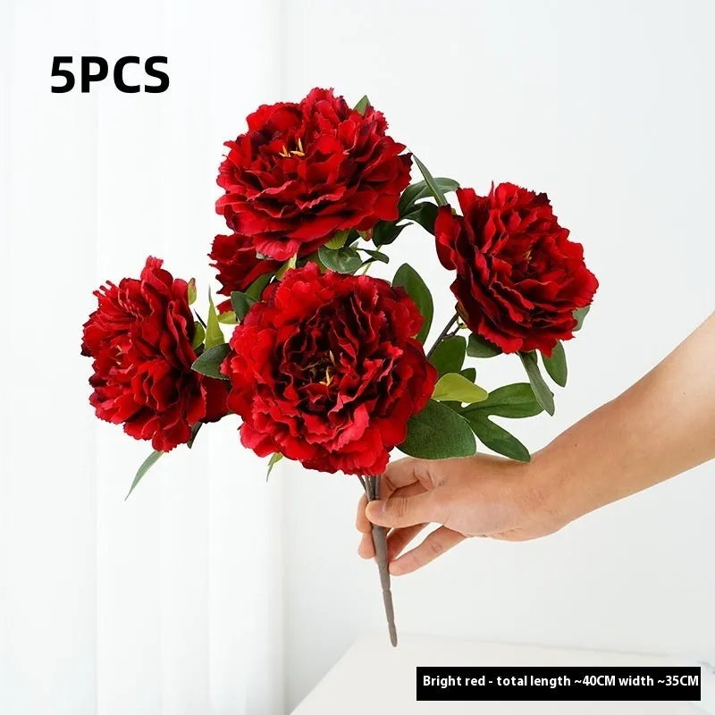 Artificial peony 5-head bouquet in light champagne, 40cm tall silk flower arrangement