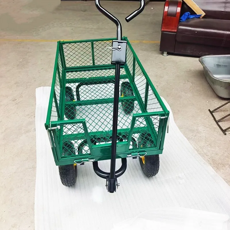 Green four-wheel hand push net car with iron frame and rubber terrain wheels