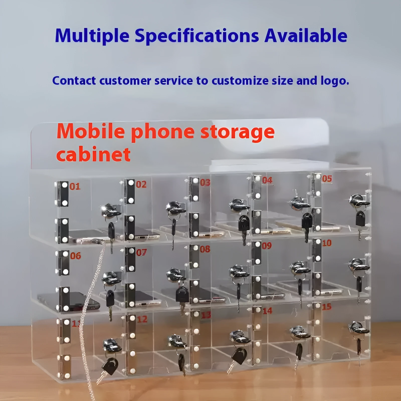 Clear acrylic mobile phone storage cabinet with charging holes, multiple compartments for office desk organisation