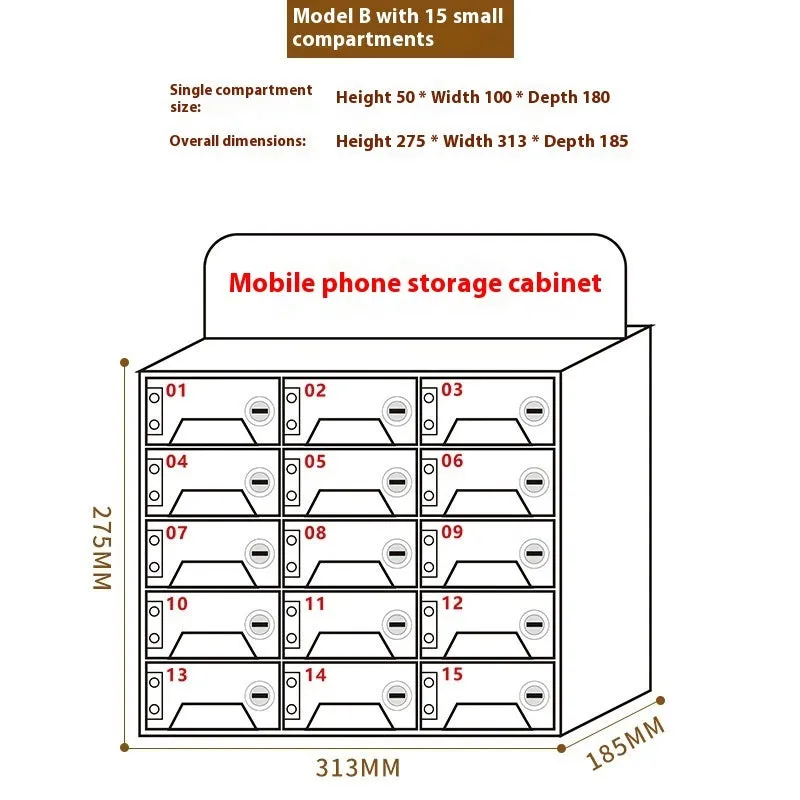 Clear acrylic mobile phone storage cabinet with charging holes, multiple compartments for office desk organisation