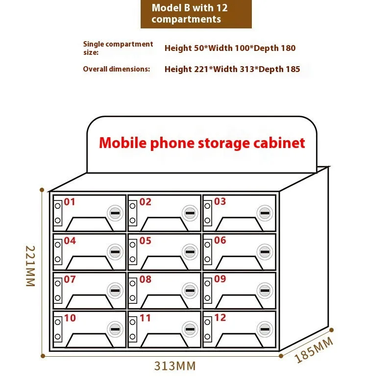 Clear acrylic mobile phone storage cabinet with charging holes, multiple compartments for office desk organisation
