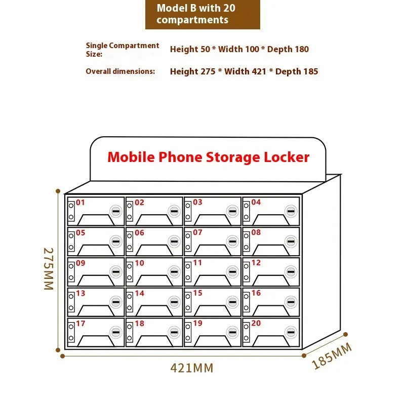 Clear acrylic mobile phone storage cabinet with charging holes, multiple compartments for office desk organisation