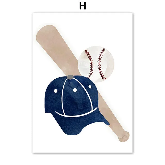 Cartoon ball sports canvas poster with football basketball baseball for children bedroom wall decor