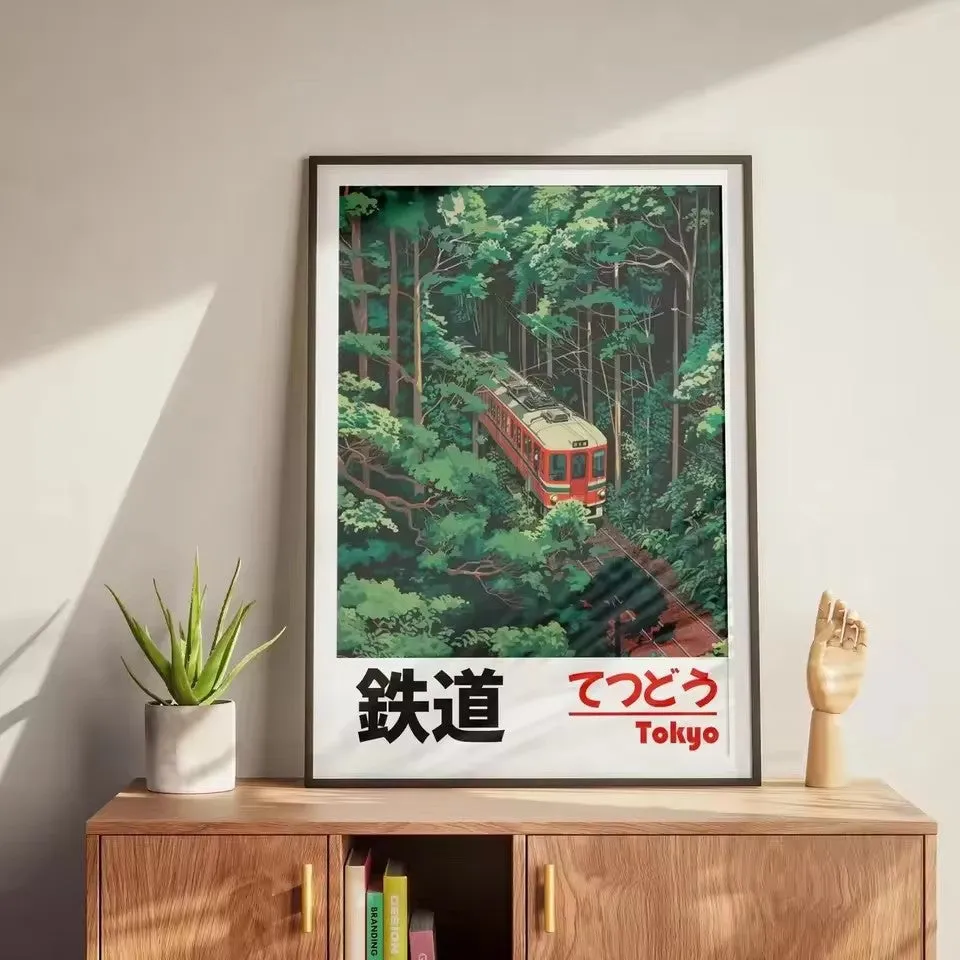 Retro Japanese railway landscape canvas print in Nordic style, unframed painting core