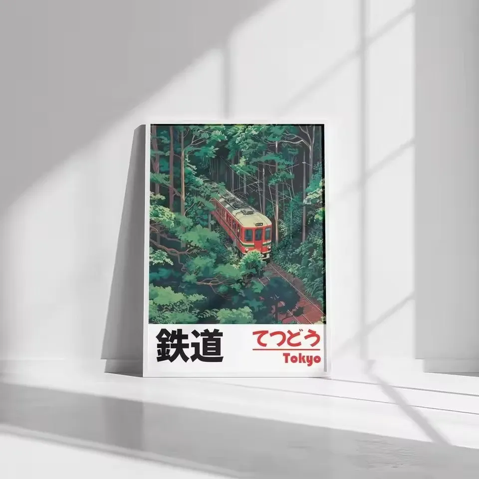 Retro Japanese railway landscape canvas print in Nordic style, unframed painting core
