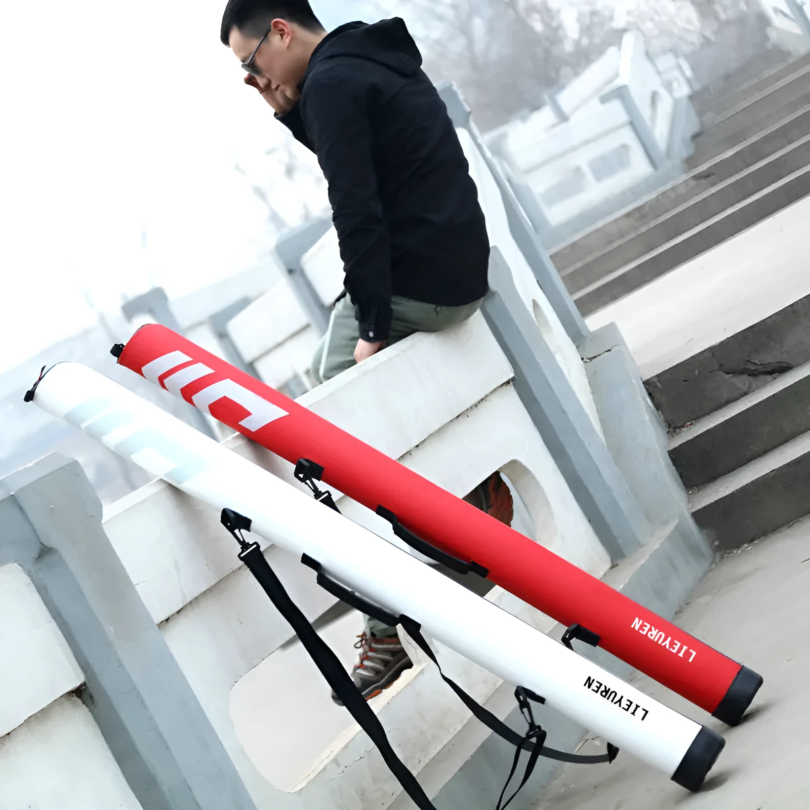 Hard cover lightweight PU leather fishing rod bag in black, 1.25m long, for single rod storage