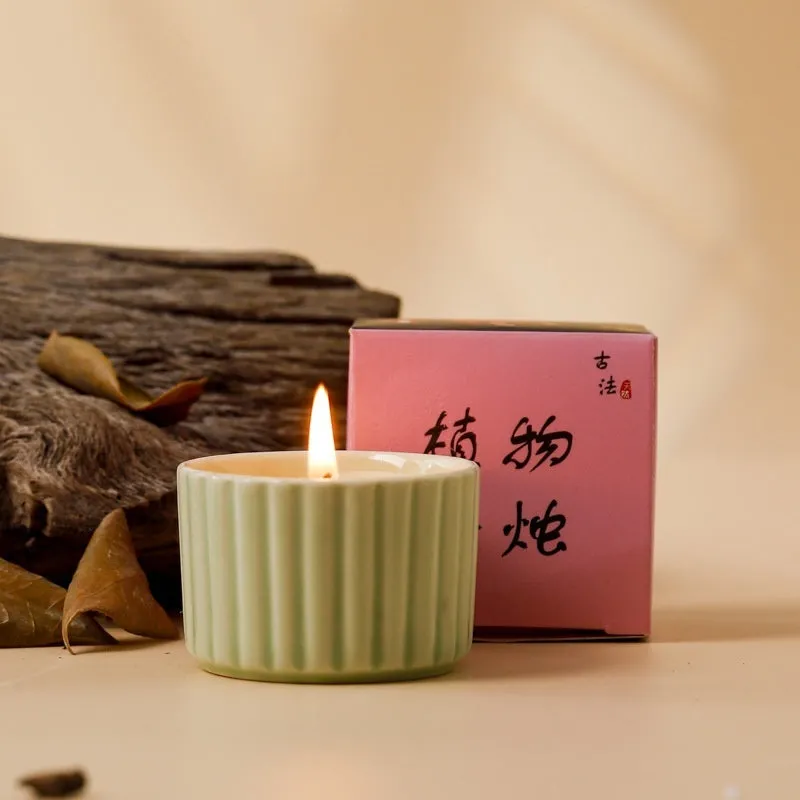 Indoor aromatherapy soy candle in ceramic cup with floral scent for bedroom use