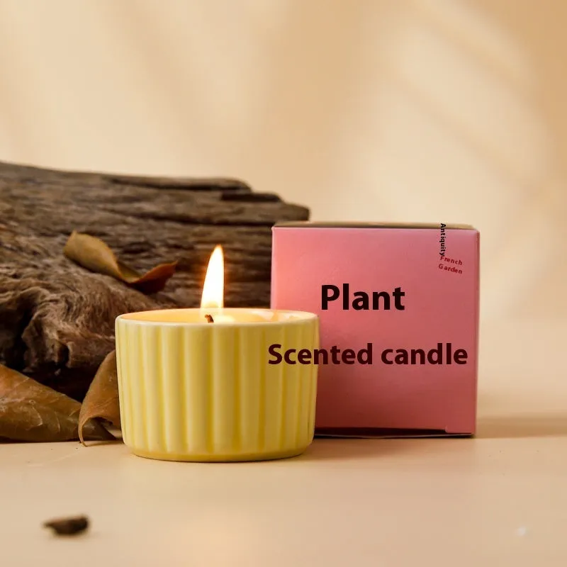 Indoor aromatherapy soy candle in ceramic cup with floral scent for bedroom use