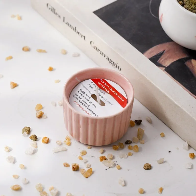 Indoor aromatherapy soy candle in ceramic cup with floral scent for bedroom use