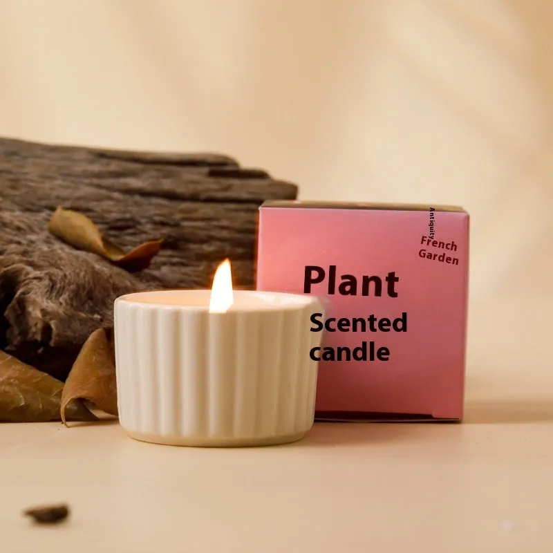 Indoor aromatherapy soy candle in ceramic cup with floral scent for bedroom use