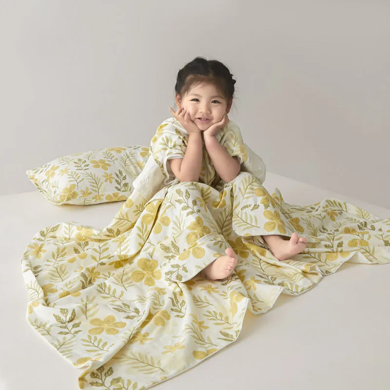 Anti-kick sleeping bag blanket in a printed colour design, shown with an optional matching pillowcase.